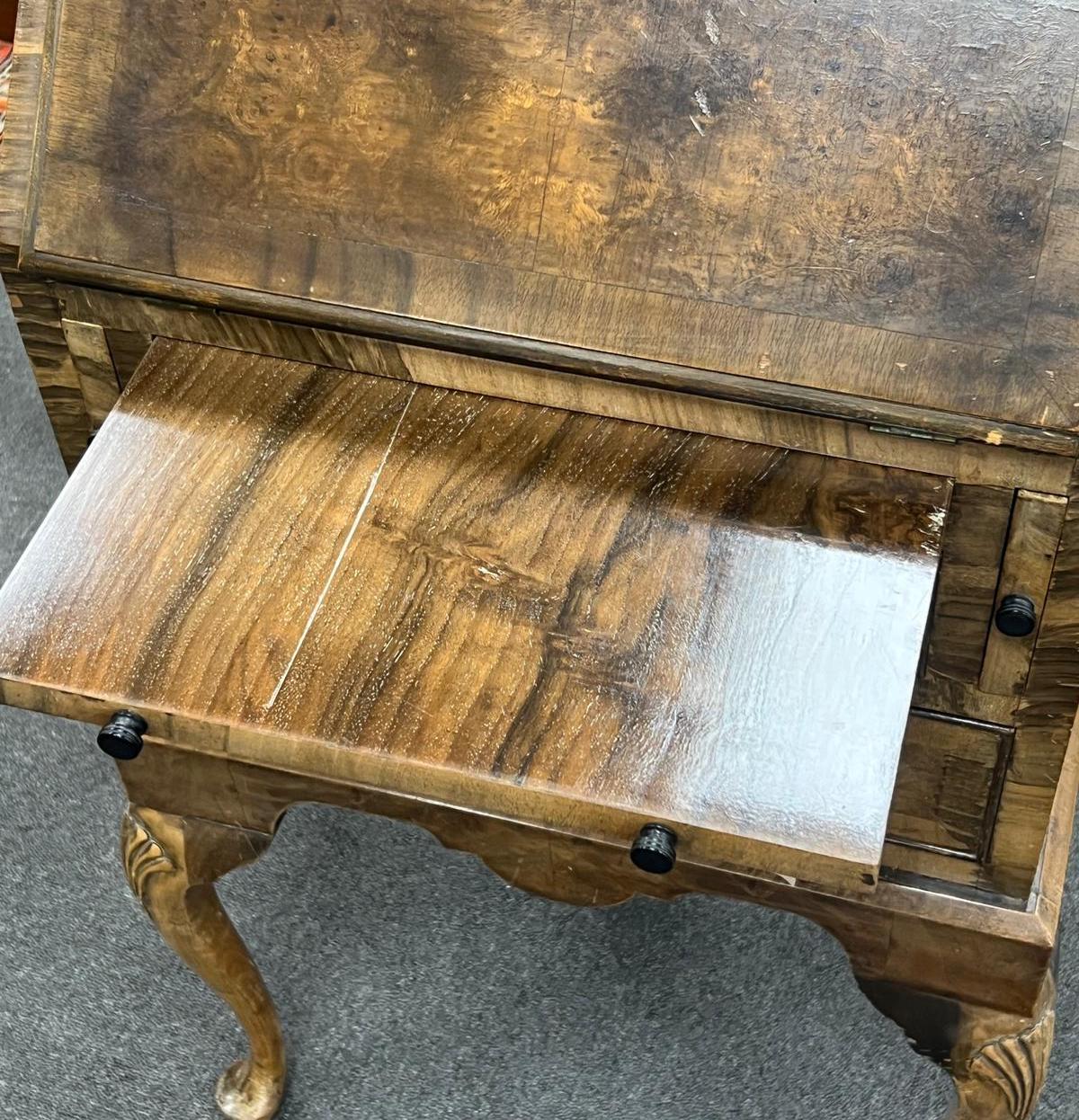 A small Queen Anne revival walnut and simulated walnut bureau, width 49cm, depth 43cm, height 101cm